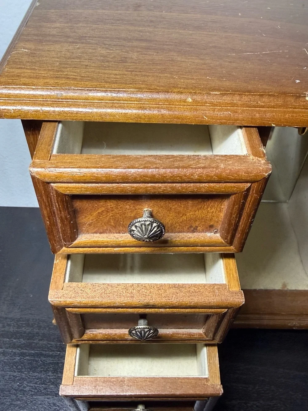 Vintage Wooden Jewelry Box 3 Storage Pull Out & Etched Flower With Mirror